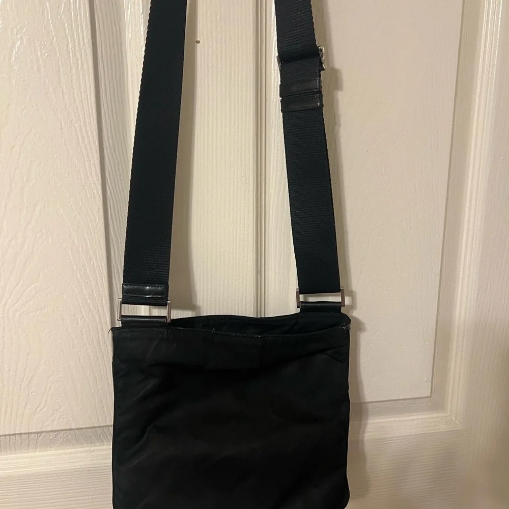 Prada triangle logo shoulder baghandbag, nylon & saffiano leather, black walllet